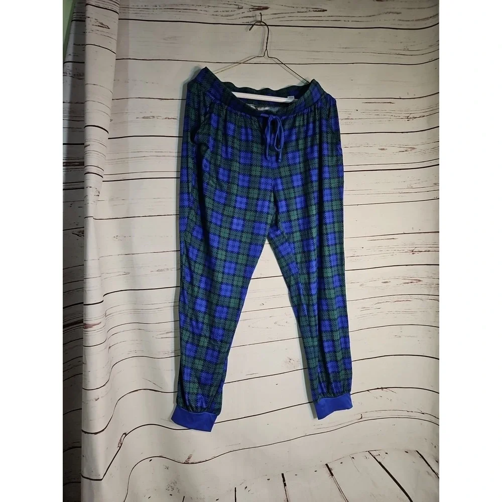 Muk Luks WOMEN PM Blue Green Plaid Cloud Knit Henley Pajama Top And‎ Bottom...